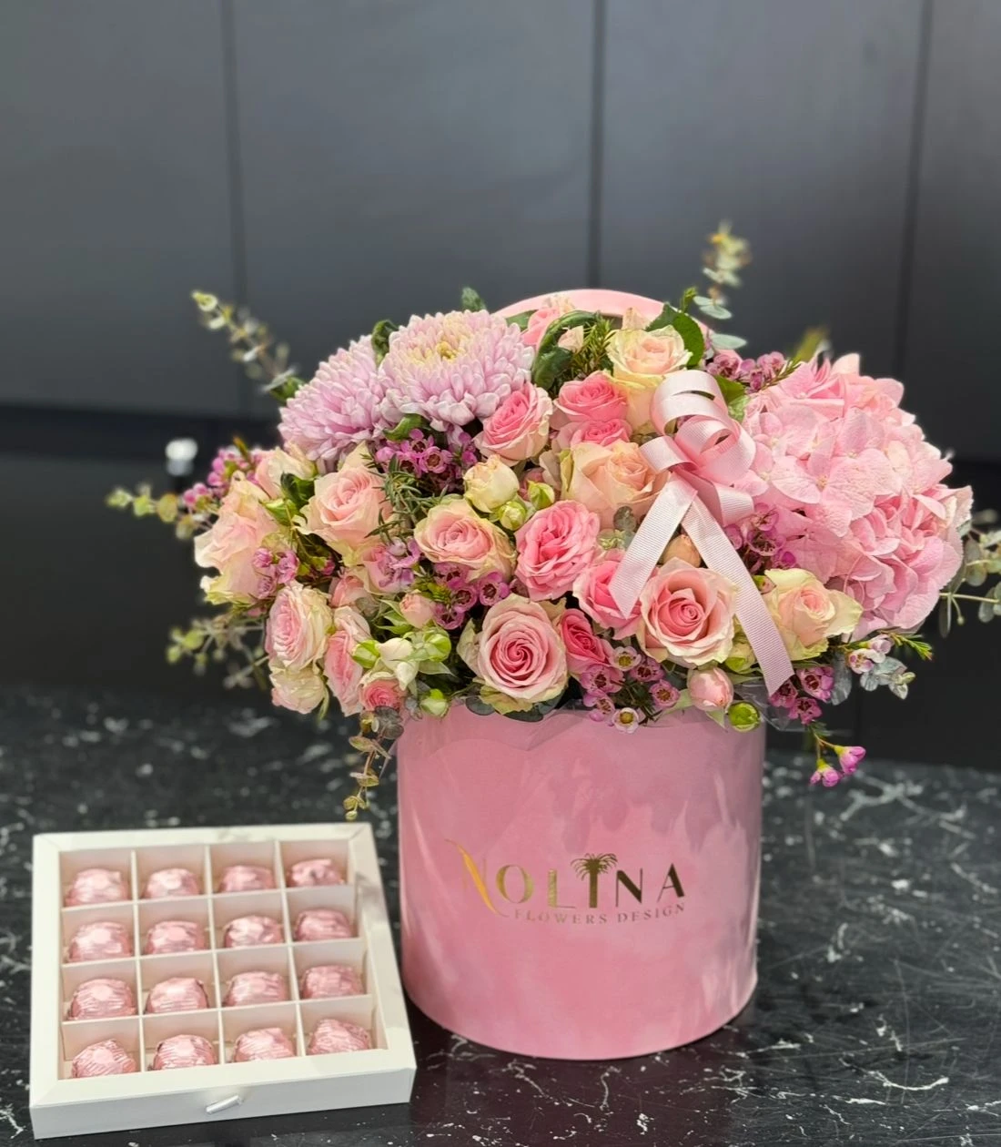 Pink Box Arrangement and chocolates